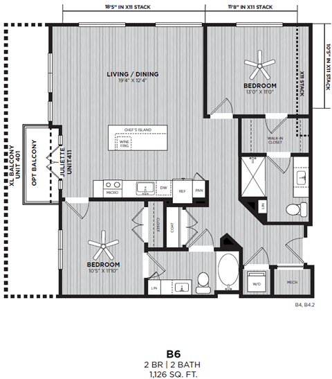 Floor plan for 2 beds, 2 baths, 1126 sqft